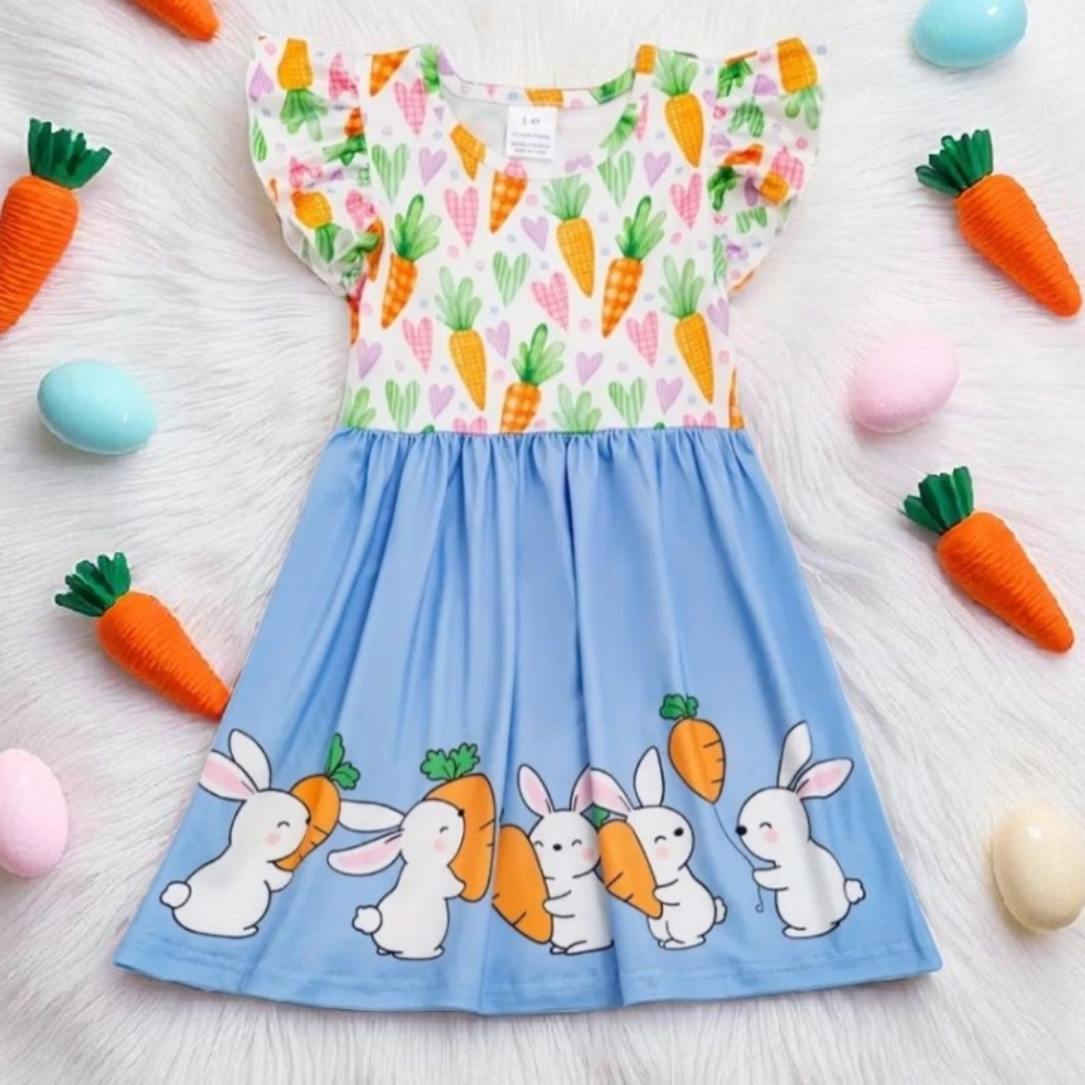 Cute Bunny Rabbit Carrot and Heart Little Girls Easter Shortsleeve Midi Dress‎